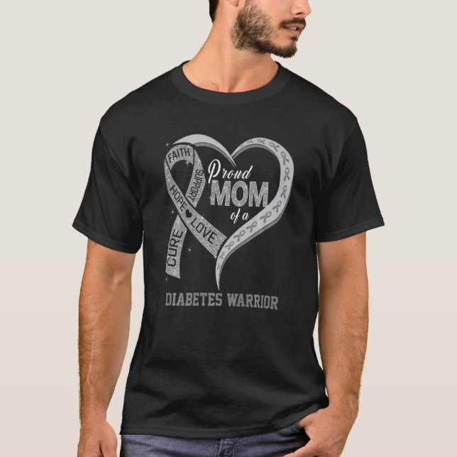 Proud Mom Of A Diabetes Warrior Ribbon Heart Premi T-Shirt (Front)