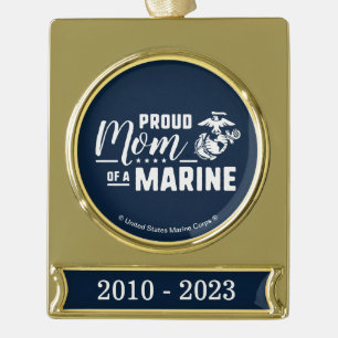 Proud Mom of a Marine - White Gold Plated Banner Ornament