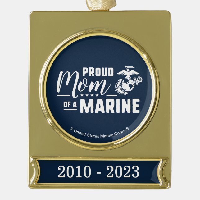 Proud Mom of a Marine - White Gold Plated Banner Ornament (Front)