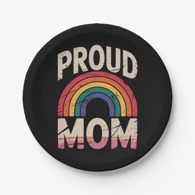 Proud Mom Rainbow LGBTQ Gay Pride Ally Paper Plates (Front)