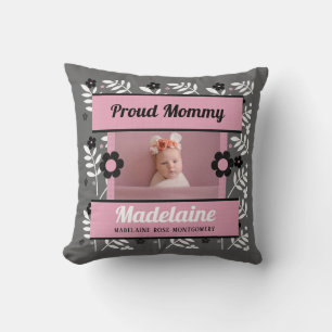 Proud Mommy Pink Floral Name and 2 Photos Throw Pillow