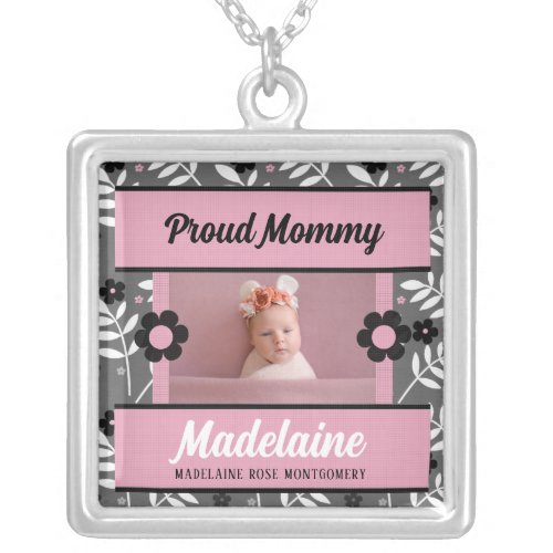 Proud Mommy Pink Floral Name and Photo Silver Plated Necklace