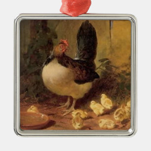 Proud Mother Hen and Her Chicks (Baby Chickens) Metal Ornament