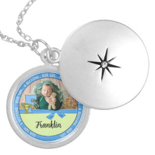 Proud Mother Letter F Green and Blue Photo Locket Necklace