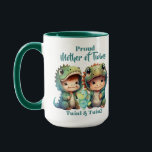 Proud Mother of Twins Boys Dinosaur Costumes Green Mug<br><div class="desc">Our Mother of Twin Boys in Dinosaur Costumes personalized green mug is the perfect way to show your Mom some love. The colorful dinosaur twins graphic with their names on it will make her smile every time she uses it. Plus, it's a great way to start her day with a...</div>