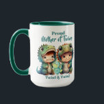 Proud Mother of Twins Boys Dinosaur Costumes Green Mug<br><div class="desc">Our Mother of Twin Boys in Dinosaur Costumes personalized green mug is the perfect way to show your Mom some love. The colorful dinosaur twins graphic with their names on it will make her smile every time she uses it. Plus, it's a great way to start her day with a...</div>