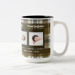 Proud New Godfather 4 Photo Plaid in Brown Two-Tone Coffee Mug