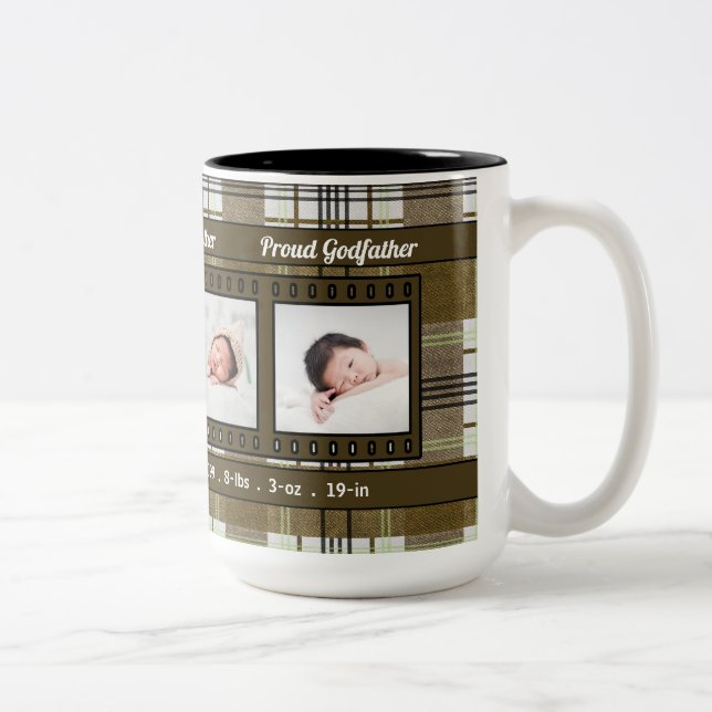 Proud New Godfather 4 Photo Plaid in Brown Two-Tone Coffee Mug (Right)