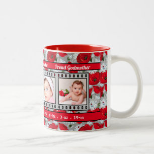 Proud New Godmother Red Poppies 4 Photo Two-Tone Coffee Mug