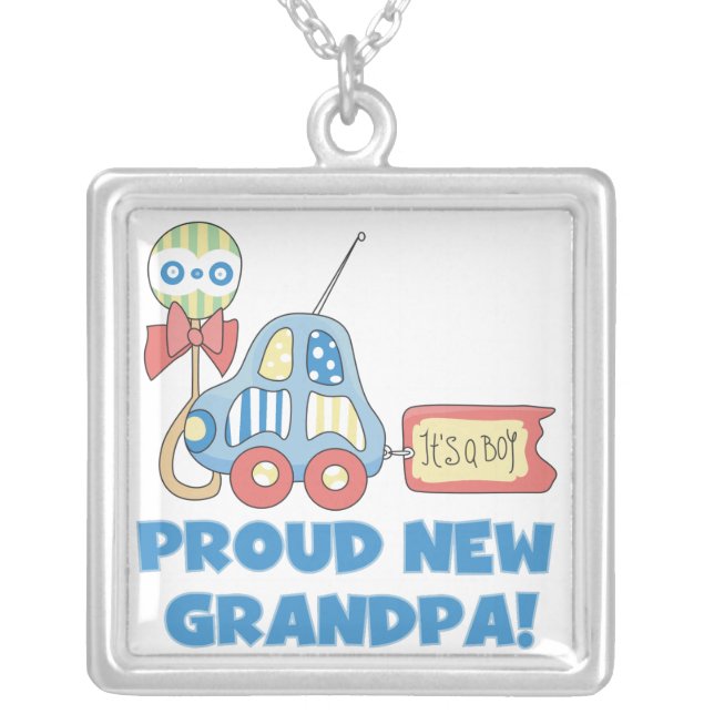 Proud New Grandpa Car It's a Boy Gifts Silver Plated Necklace (Front)
