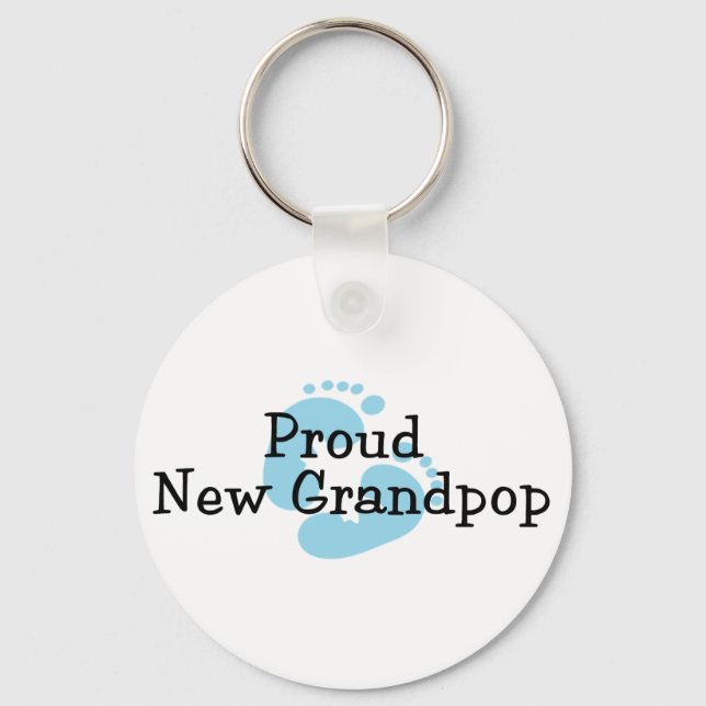 Proud New Grandpop Baby Boy Footprints Keychain (Front)