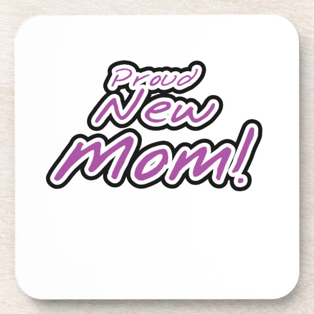 Proud New Mom Black and Purple Text Gifts Beverage Coaster (Front)