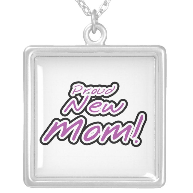 Proud New Mom Black and Purple Text Gifts Silver Plated Necklace (Front)