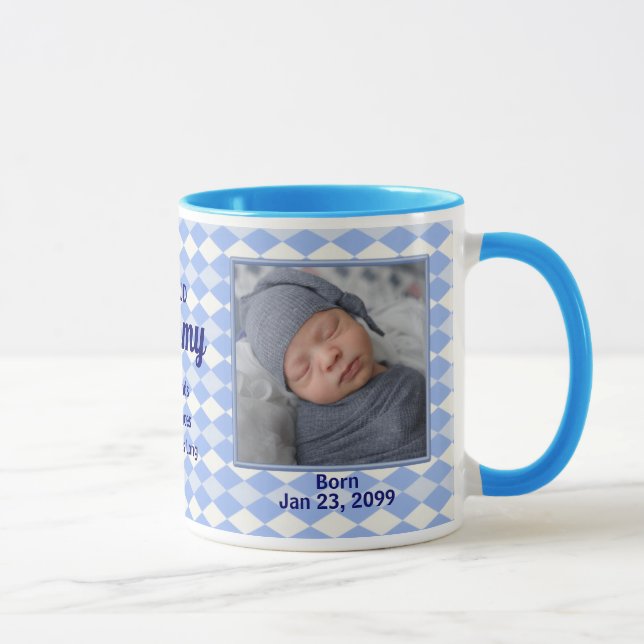 Proud New Mommy Blue Argyle Baby Photo Mug (Right)
