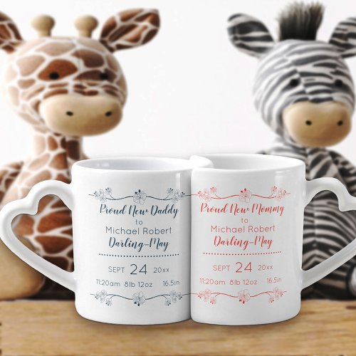 Proud New Mommy  Daddy _ Coral Blue _ Birth Stats Coffee Mug Set