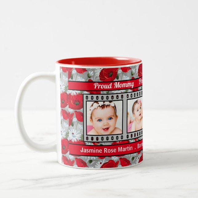 Proud New Mommy Red Poppies 4 Photo Two-Tone Coffee Mug (Left)