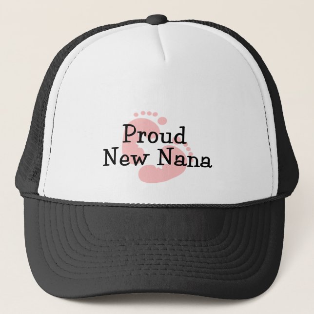 Proud New Nana Baby Girl Footprints Trucker Hat (Front)