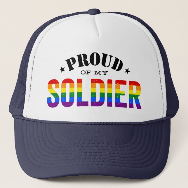 Proud of My Gay Soldier Rainbow Flag Trucker Hat (Front)