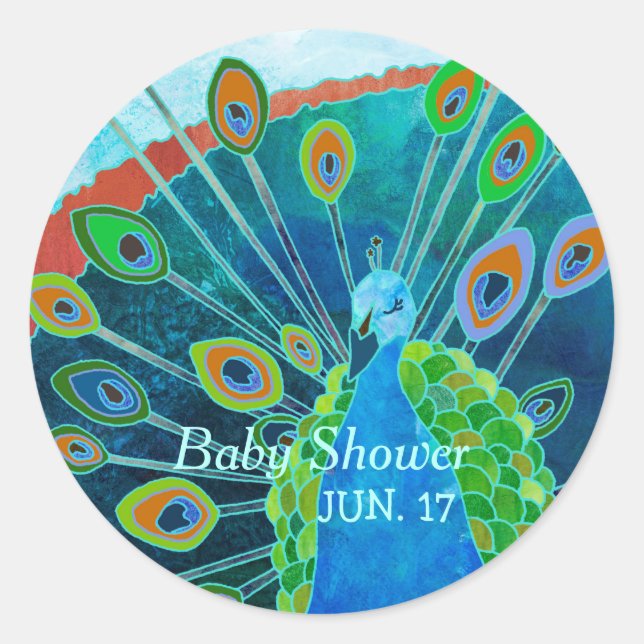 Proud Peacock Blue Baby Shower Favor Classic Round Sticker (Front)