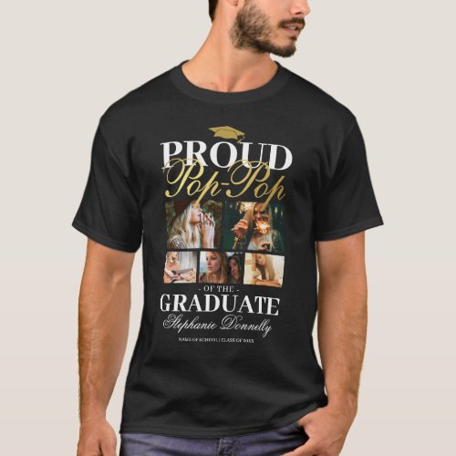 Proud Pop-Pop of the Graduate T-Shirt - Graduation grandfather t-shirt featuring a graduates mortarboard, 5 photos of your grandchild, the saying "proud pop-pop of the graduate", their name, place of study, and class year.