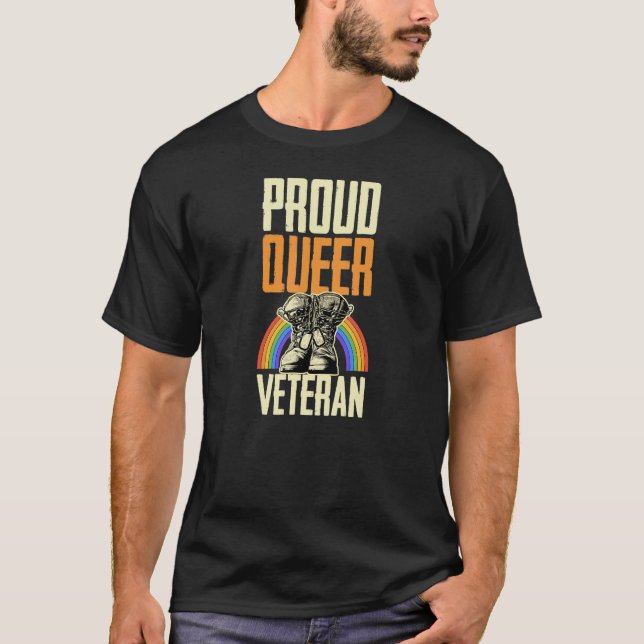 Proud Queer Veteran Gay Pride Rainbow Queer Soldie T-Shirt (Front)