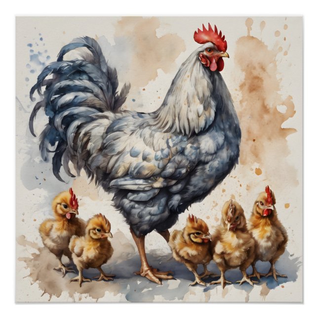 Proud Rooster & Chicks Watercolor Poster (Front)