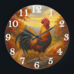 Proud rooster in autumn splendor large clock<br><div class="desc">Rustic farmhouse clock​​ showcases a ​​vibrant rooster​​ (orange/black feathers with red comb) standing tall on rocks amid ​​golden autumn foliage​​. ​​White numerals​​ on warm-toned backdrop create ​​country charm​​—perfect for ​​kitchen decor​​ or ​​Thanksgiving gifts​​.</div>