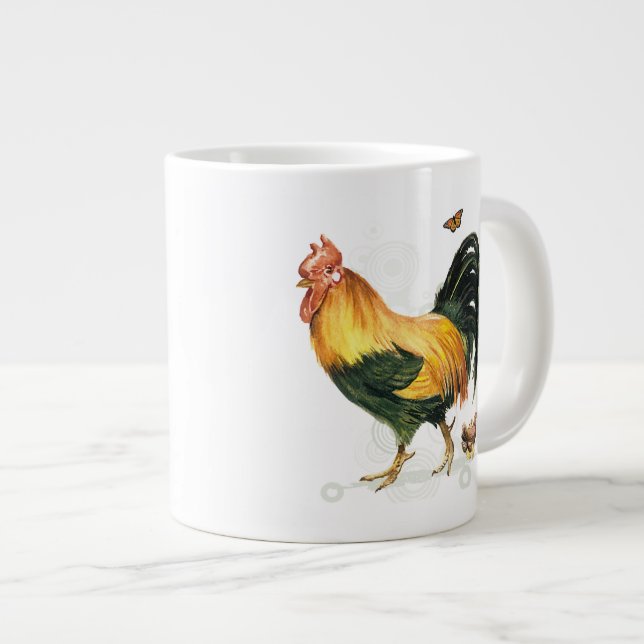 Proud Rooster with hen and chickens. Giant Coffee Mug (Front Right)