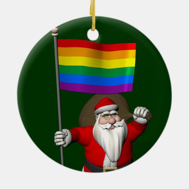 Proud Santa Claus With Rainbow Flag Ceramic Ornament (Back)