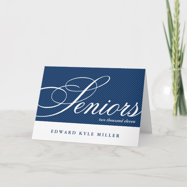 Proud seniors navy white graduation announcement (Front)