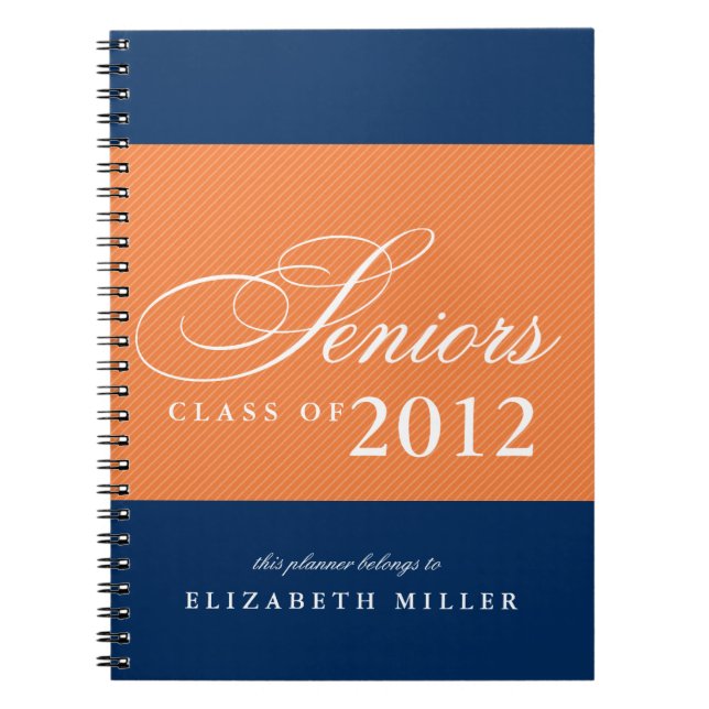 Proud seniors orange navy blue stripes class year notebook (Front)