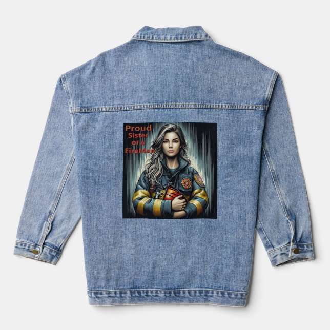 Proud Sister Of A FireFighter Robotics Denim Jacket (Back)