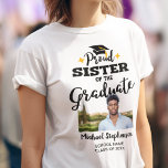 Proud Sister of the graduate photo name T-Shirt<br><div class="desc">Celebrate your brother's or sister's graduation with this modern t-shirt featuring a "Proud SISTER of the Graduate" caption in black contemporary fonts decorated with a grad cap with a golden tassel. Easily customize this t-shirt with a picture of the graduate, the graduation year, and the school's name by editing the...</div>