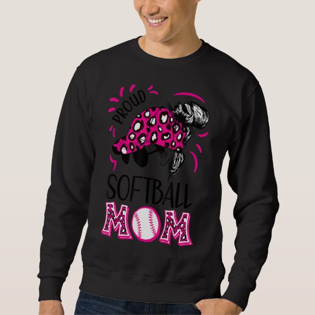 Proud Softball Mom Messy Bun Leopard Pink Women Sweatshirt (Front)