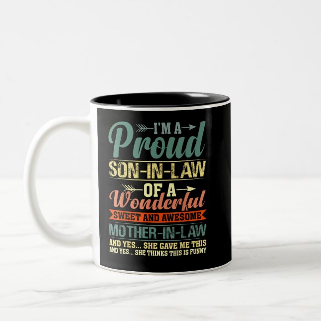 Proud Son in Law of a Wonderful Mother in Law Two-Tone Coffee Mug (Left)