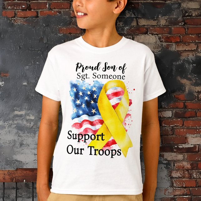 Proud Son of a Hero Childs T-Shirt (Support Our Troops.  Proud Son of... Boy's T-shirt. US flag.  Yellow awareness ribbon.)