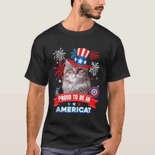 Proud To Be An Americat American Flag 4th July Cat T_Shirt