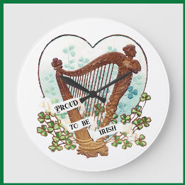 Proud To Be Irish Harp and Green Shamrocks Large Clock