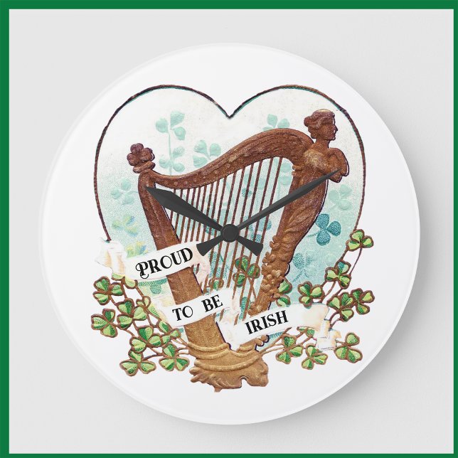 Proud To Be Irish Harp and Green Shamrocks Large Clock (Creator Uploaded)