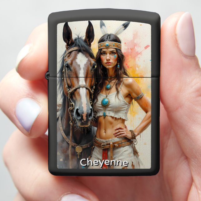 Proud Tribal Woman Horse Personalized Zippo Lighter (In Hand)