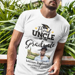 Proud Uncle of the graduate photo name T-Shirt<br><div class="desc">Celebrate your nephew's or niece's graduation with this modern t-shirt featuring a "Proud UNCLE of the Graduate" caption in black contemporary fonts decorated with a grad cap with a golden tassel. Easily customize this t-shirt with a picture of the graduate, the graduation year, and the school's name by editing the...</div>