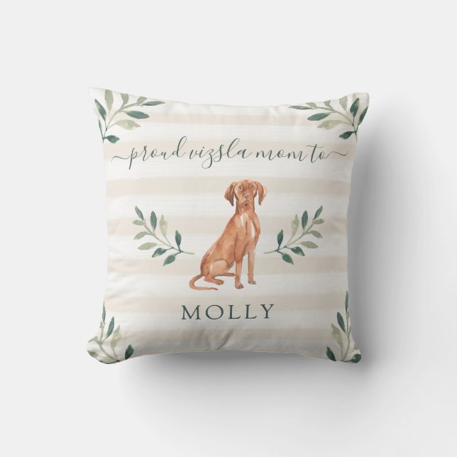 Proud Vizsla Mom | Botanical Leaves and Stripes Throw Pillow (Front)