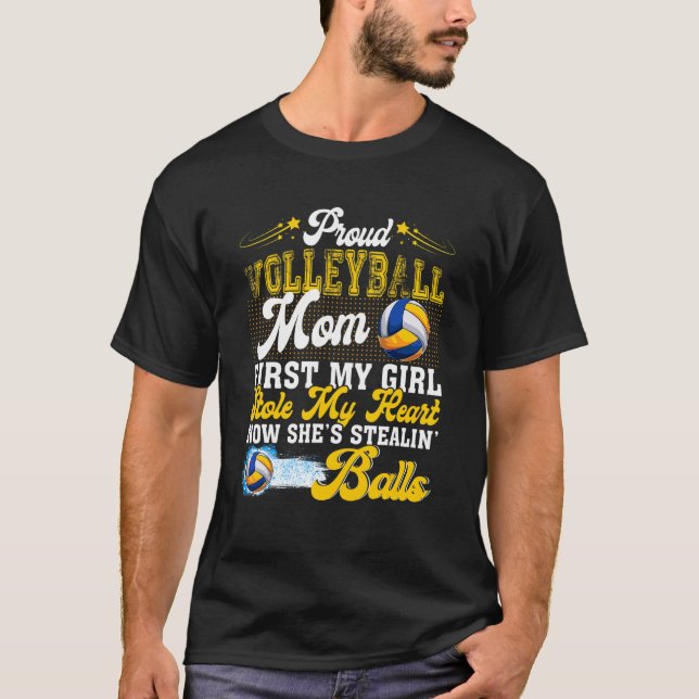 Proud Volleyball Mom  She's Stealin' Balls Family T-Shirt (Front)