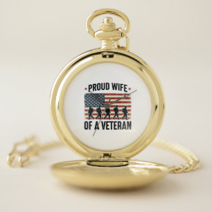Proud Wife of a Veteran Patriotic Shirt Design (2) Pocket Watch