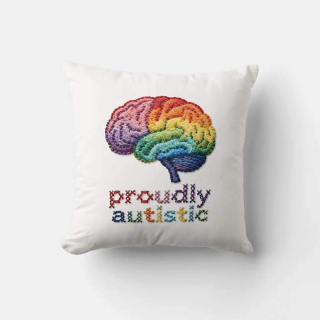Proudly Autistic Embroidered Rainbow Brain Design  Throw Pillow (Front)