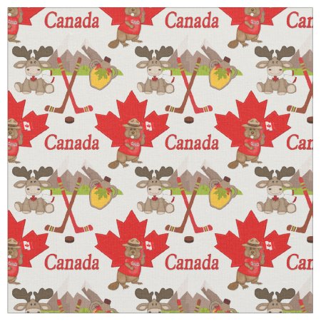 Proudly Canadian Beaver Moose Fabric Small Print