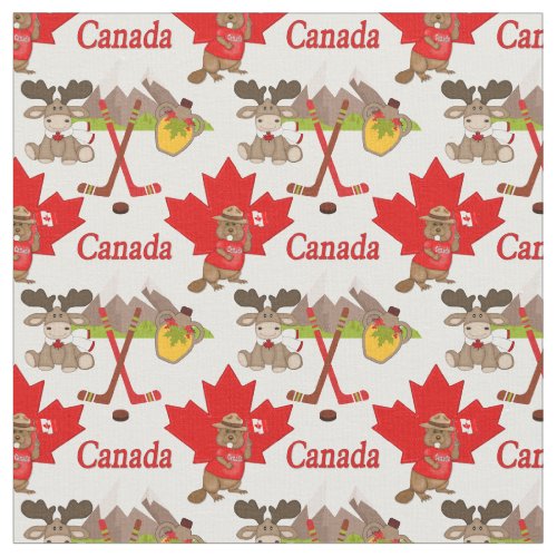 Proudly Canadian Beaver Moose Fabric Small Print