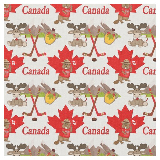 Proudly Canadian Beaver Moose Fabric Small Print