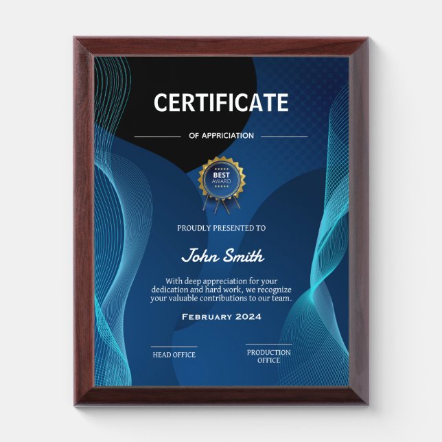 Proudly presented appreciation award plaque (Vertical)