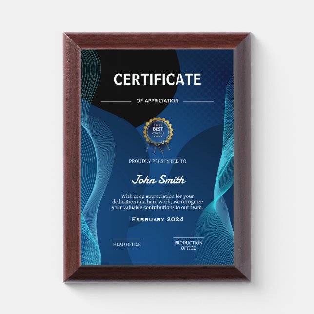 Proudly presented appreciation award plaque (Vertical)